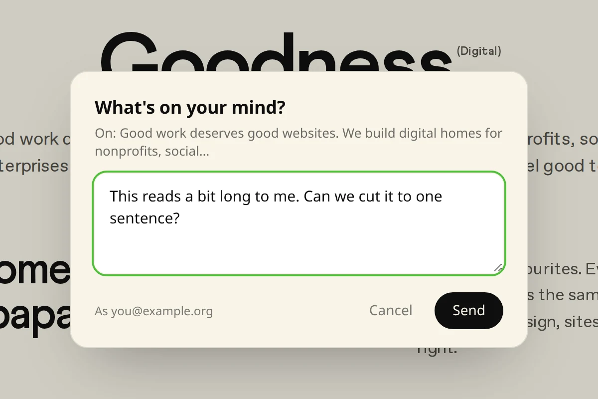 A comment box headed What's on your mind, showing which text was picked and a typed note, with Cancel and Send buttons
