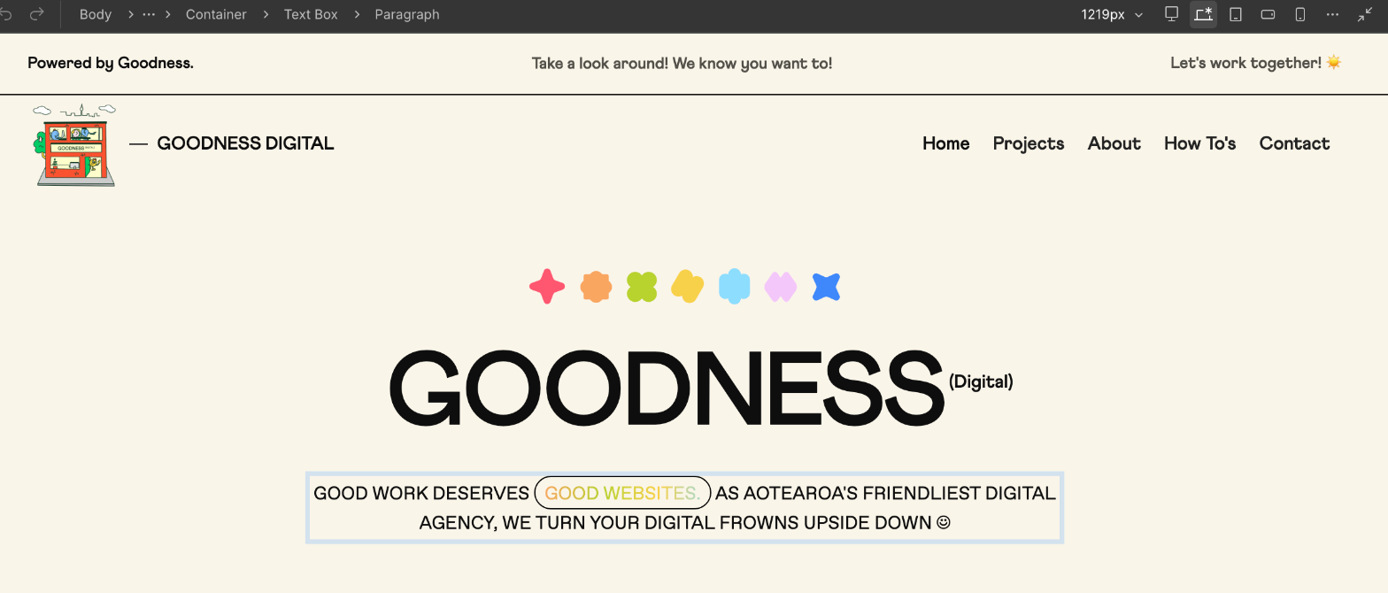 A text block selected in the Webflow editor, ready to type into